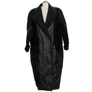 Black Leather Patchwork Long DB Trench Coat 3X